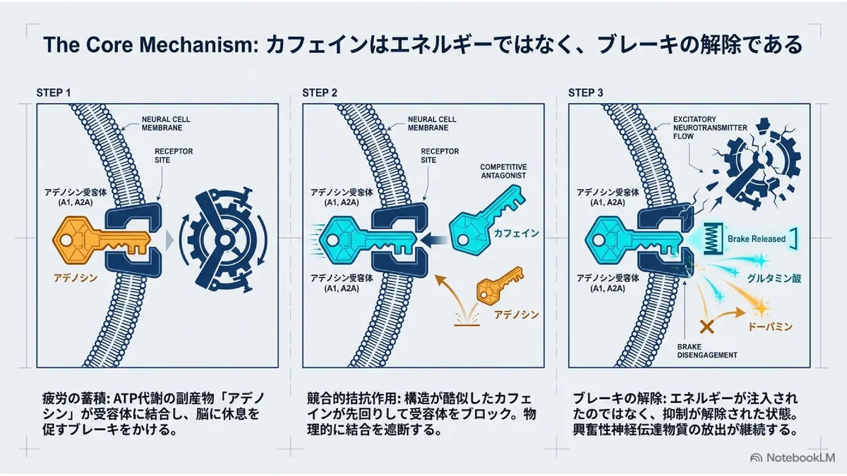 The Core Mechanism: カフェインはエネルギーではなく、ブレーキの解除である