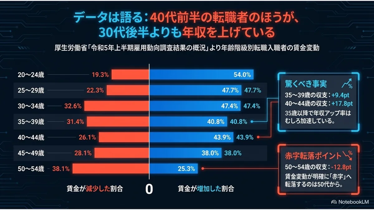 データは語る:40代前半の転職者のほうが、30代後半よりも年収を上げている