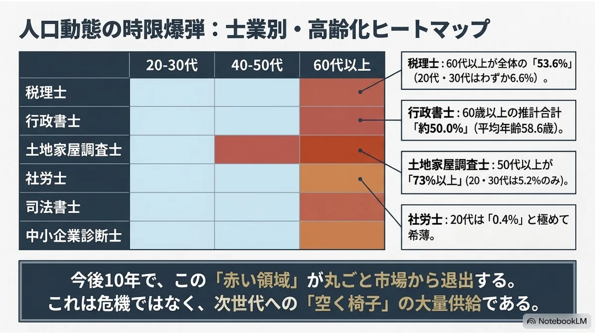 人口動態の時限爆弾:士業別・高齢化ヒートマップ