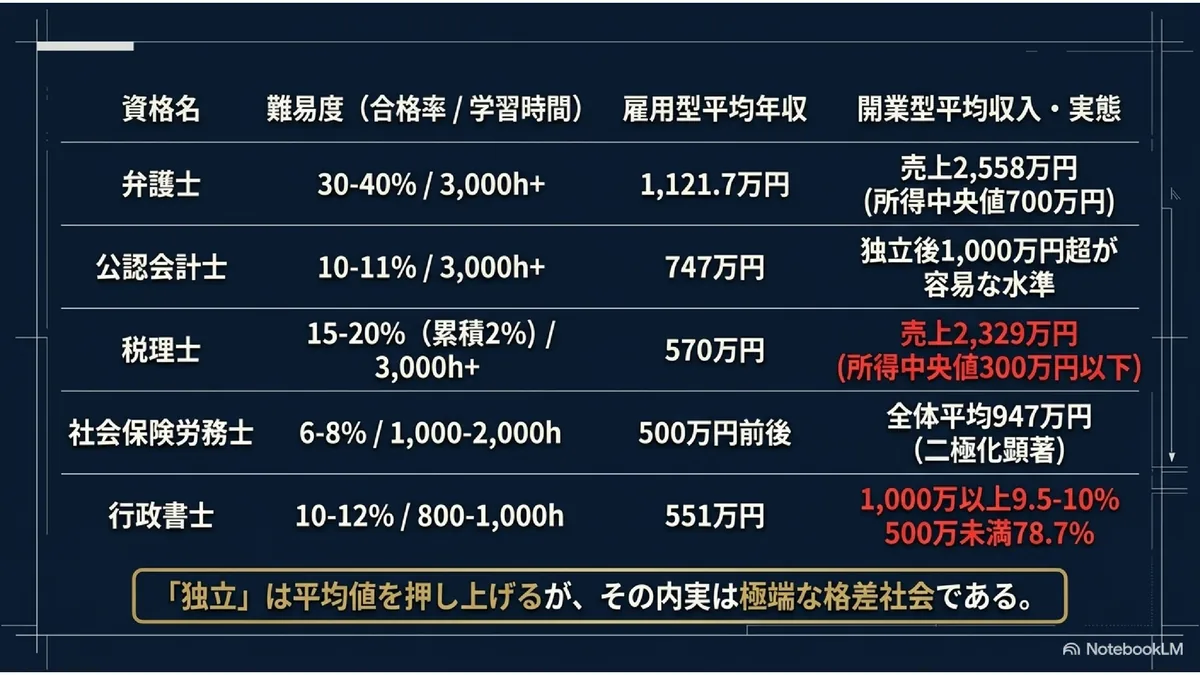 資格名・難易度・雇用型平均年収・開業型平均収入の比較表