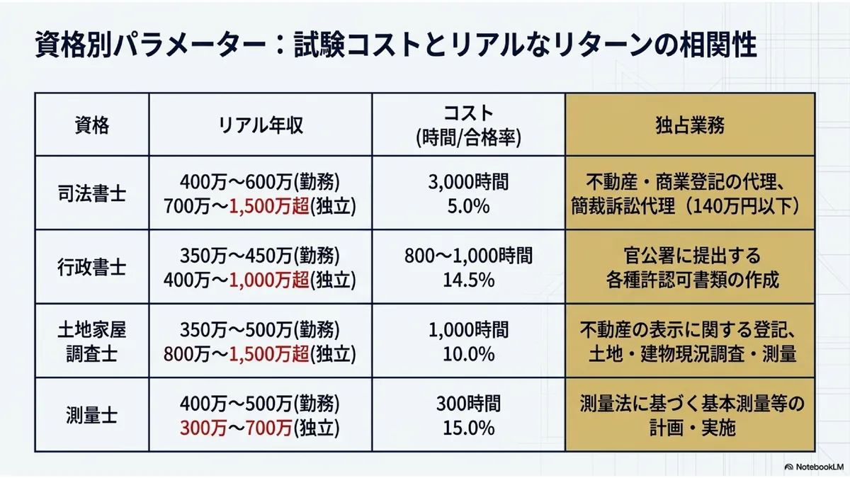 資格別パラメーター:試験コストとリアルなリターンの相関性