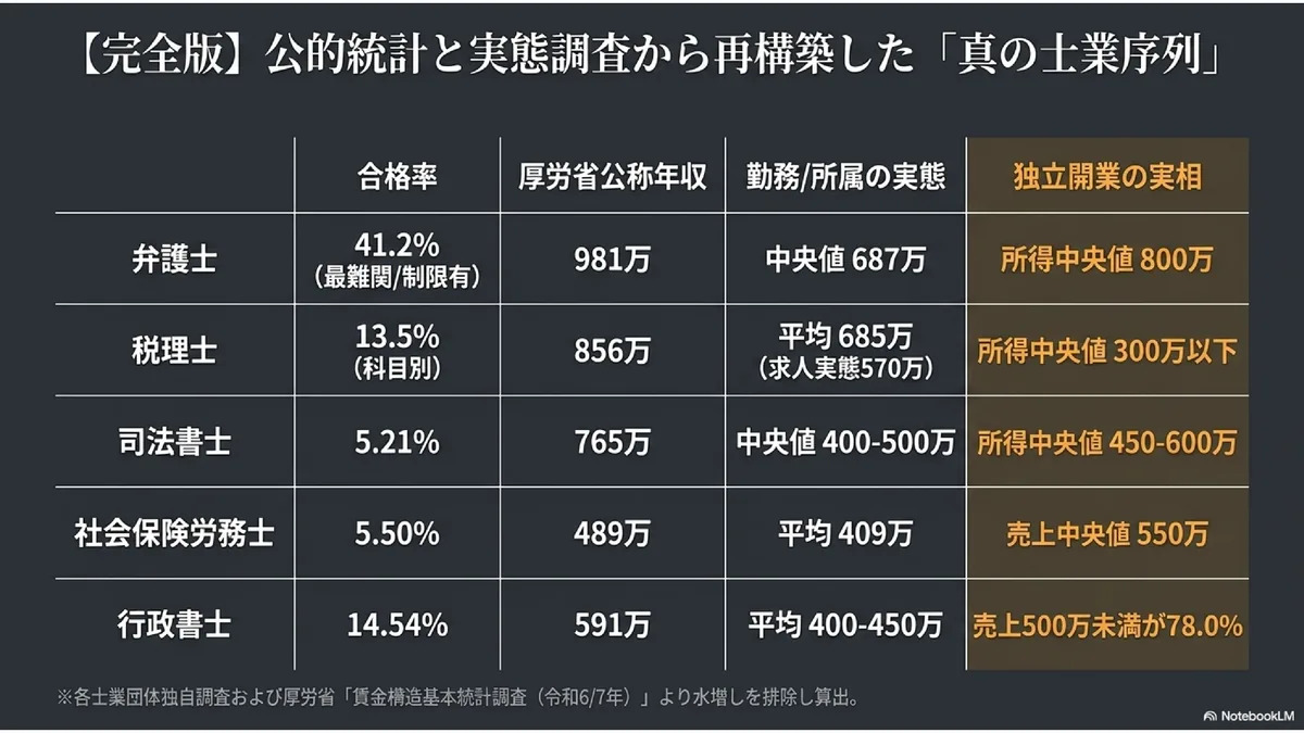 【完全版】公的統計と実態調査から再構築した「真の士業序列」