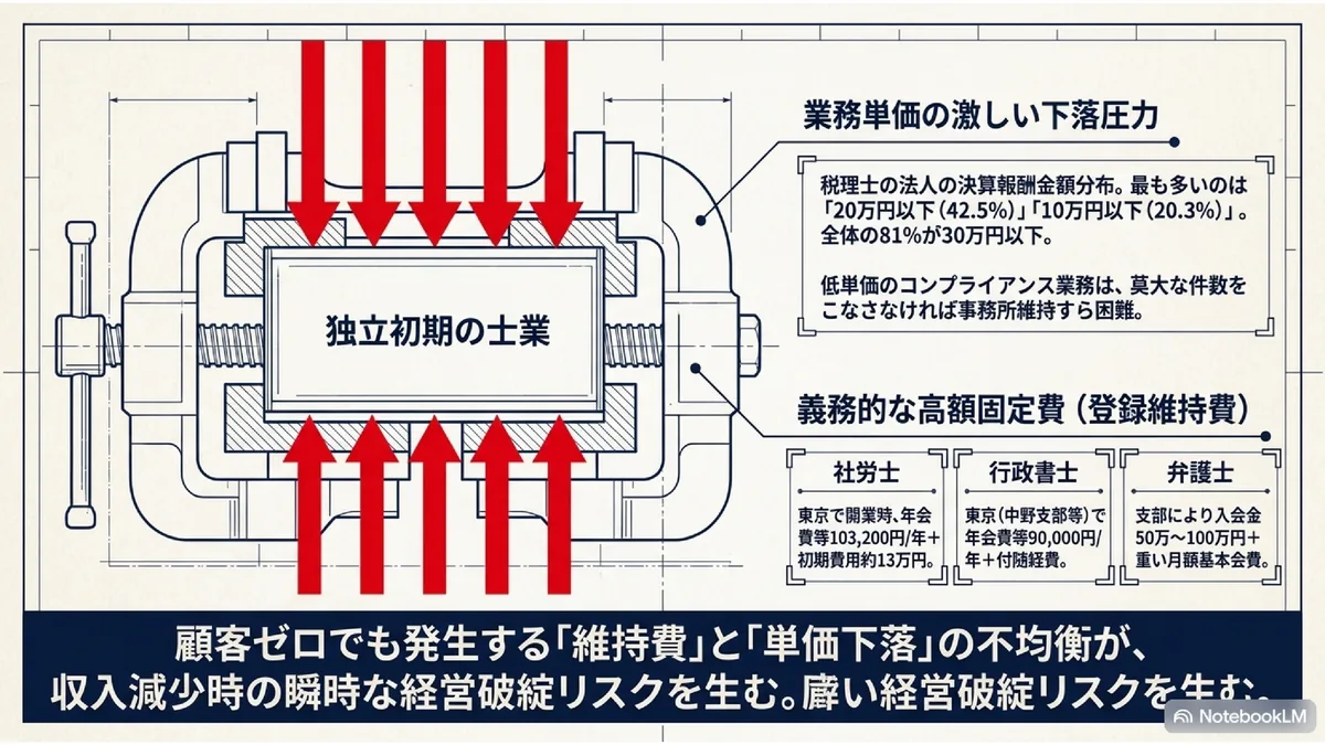 業務単価の激しい下落圧力／義務的な高額固定費（登録維持費）