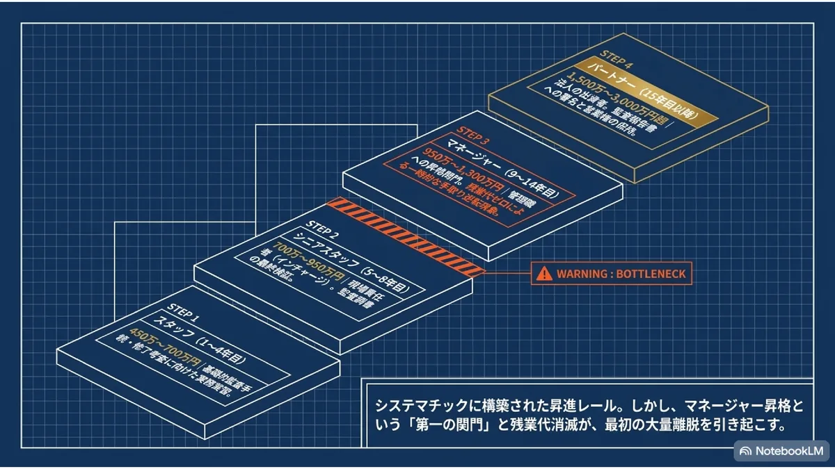 システマチックに構築された昇進レール。しかし、マネージャー昇格という「第一の関門」と残業代消滅が、最初の大量離脱を引き起こす。