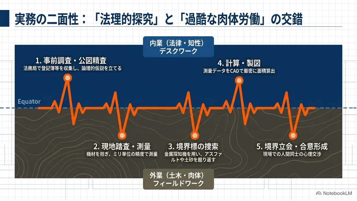 実務の二面性：「法理的探究」と「過酷な肉体労働」の交錯