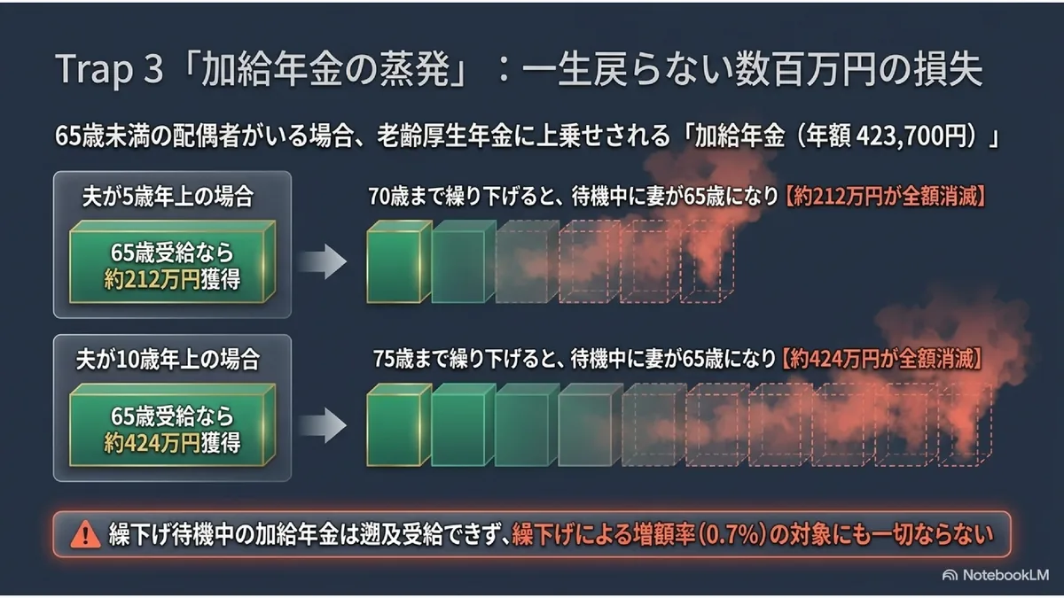 Trap 3 「加給年金の蒸発」:一生戻らない数百万円の損失