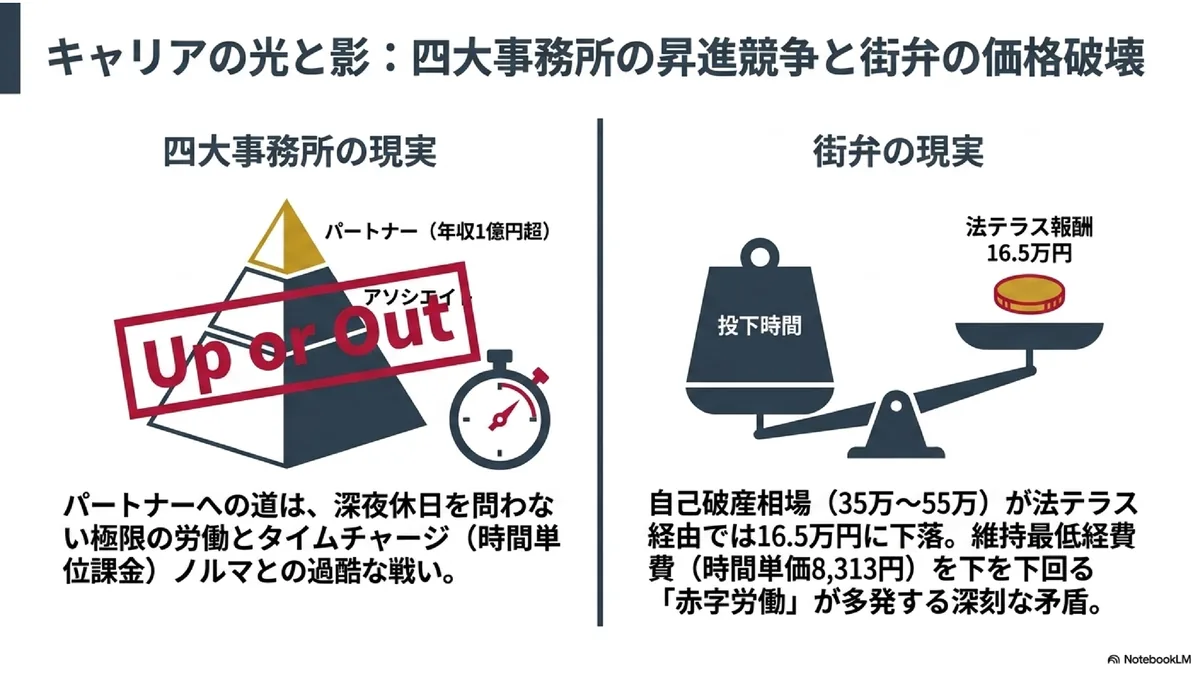 キャリアの光と影：四大事務所の昇進競争と街弁の価格破壊