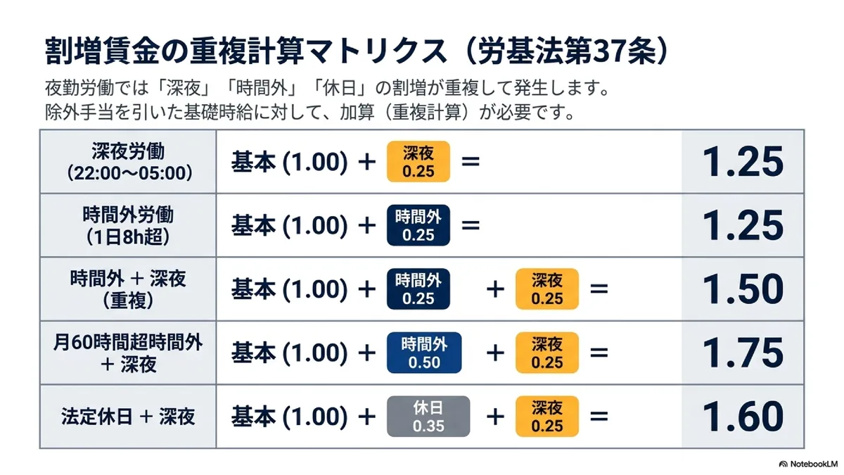 割増賃金の重複計算マトリクス(労基法第37条)