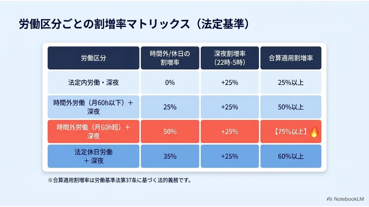 労働区分ごとの割増率マトリックス（法定基準）
