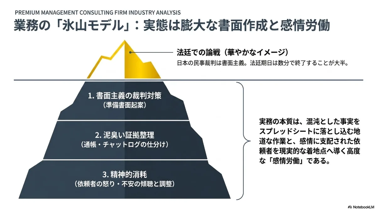 業務の「氷山モデル」：実態は膨大な書面作成と感情労働