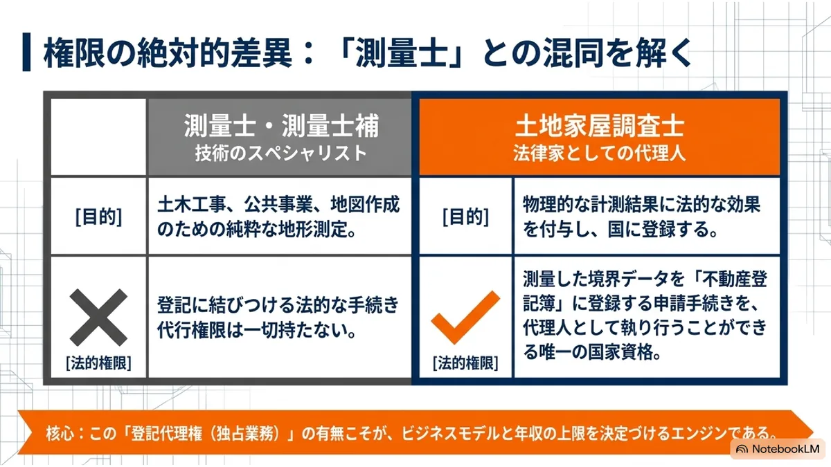 権限の絶対的差異：「測量士」との混同を解く