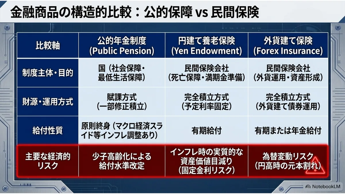 金融商品の構造的比較:公的保障 vs 民間保険