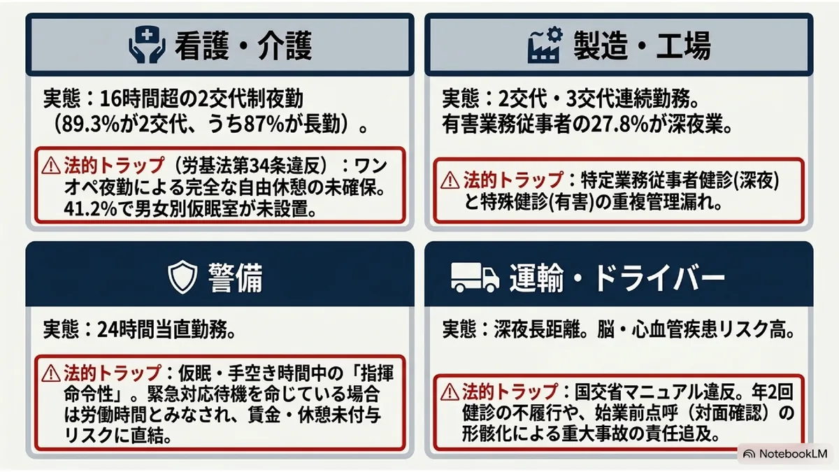 夜勤専従者の健康診断（タイトルは画像内に明示なし、各業態の深夜業リスクと法的リスクを列挙）
