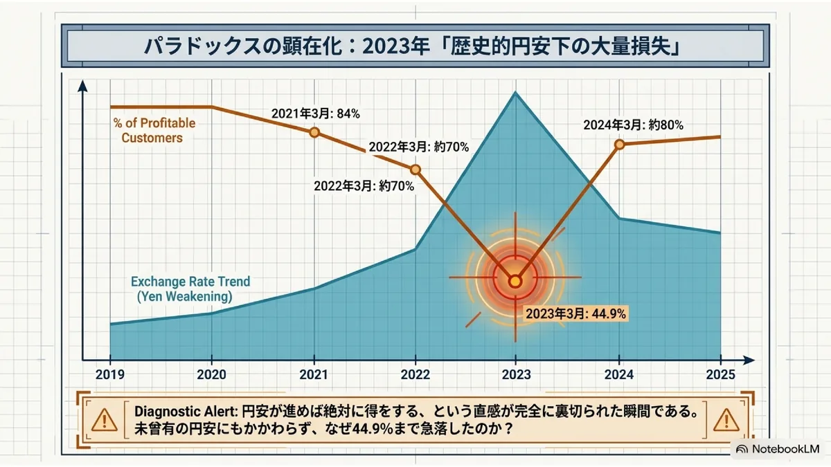 パラドックスの顕在化:2023年「歴史的円安下の大量損失」